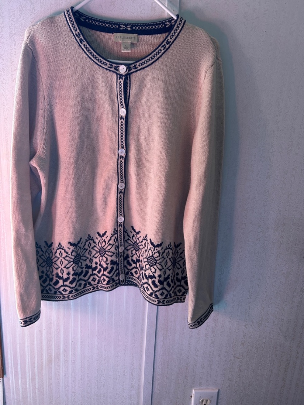 Appleseed's Cream/tan color Cardigan with Navy Nordic Border